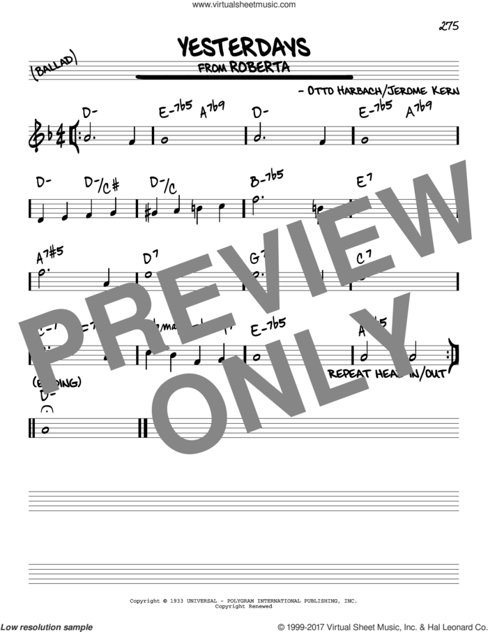 Yesterdays sheet music for voice and other instruments (real book) by Jerome Kern and Otto Harbach, intermediate skill level