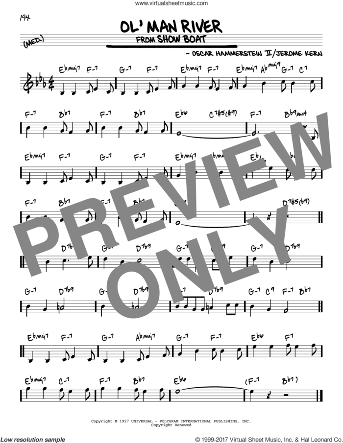 Ol' Man River sheet music for voice and other instruments (real book) by Oscar II Hammerstein and Jerome Kern, intermediate skill level