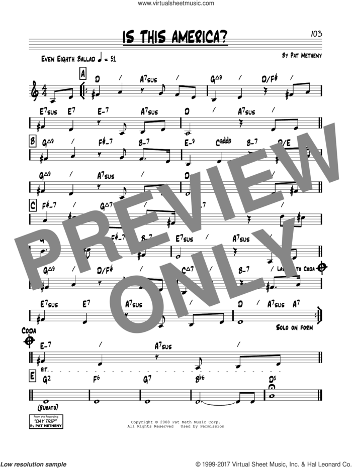 Is This America? sheet music for voice and other instruments (real book) by Pat Metheny, intermediate skill level