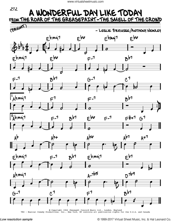 A Wonderful Day Like Today sheet music for voice and other instruments (real book) by Anthony Newley and Leslie Bricusse, intermediate skill level
