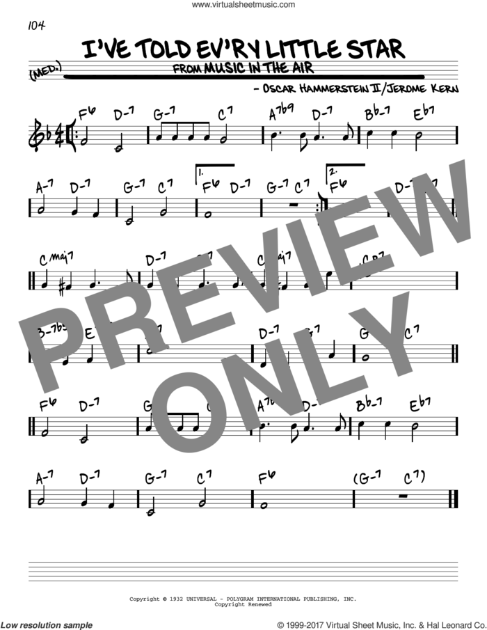 I've Told Ev'ry Little Star sheet music for voice and other instruments (real book) by Oscar II Hammerstein, Linda Scott and Jerome Kern, intermediate skill level