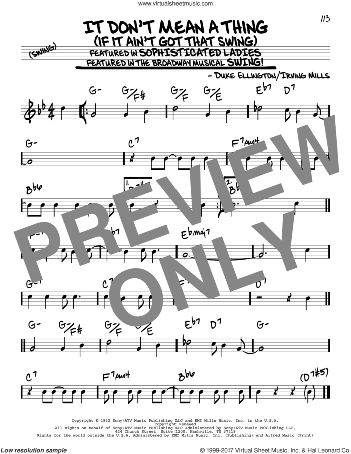 It Don't Mean A Thing (If It Ain't Got That Swing) sheet music for voice and other instruments (real book) by Duke Ellington and Irving Mills, intermediate skill level