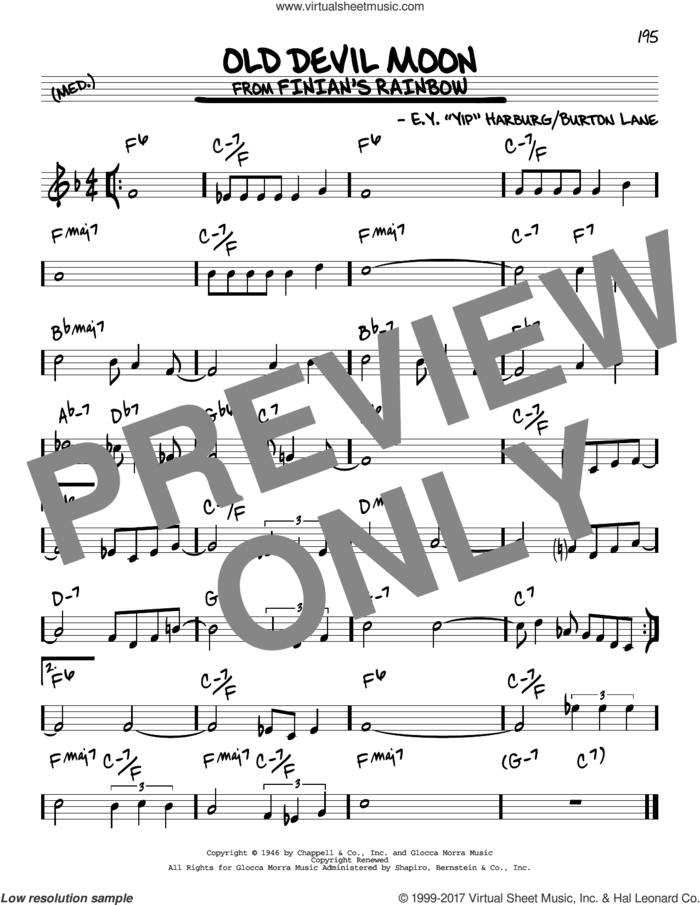 Old Devil Moon sheet music for voice and other instruments (real book) by E.Y. Harburg and Burton Lane, intermediate skill level