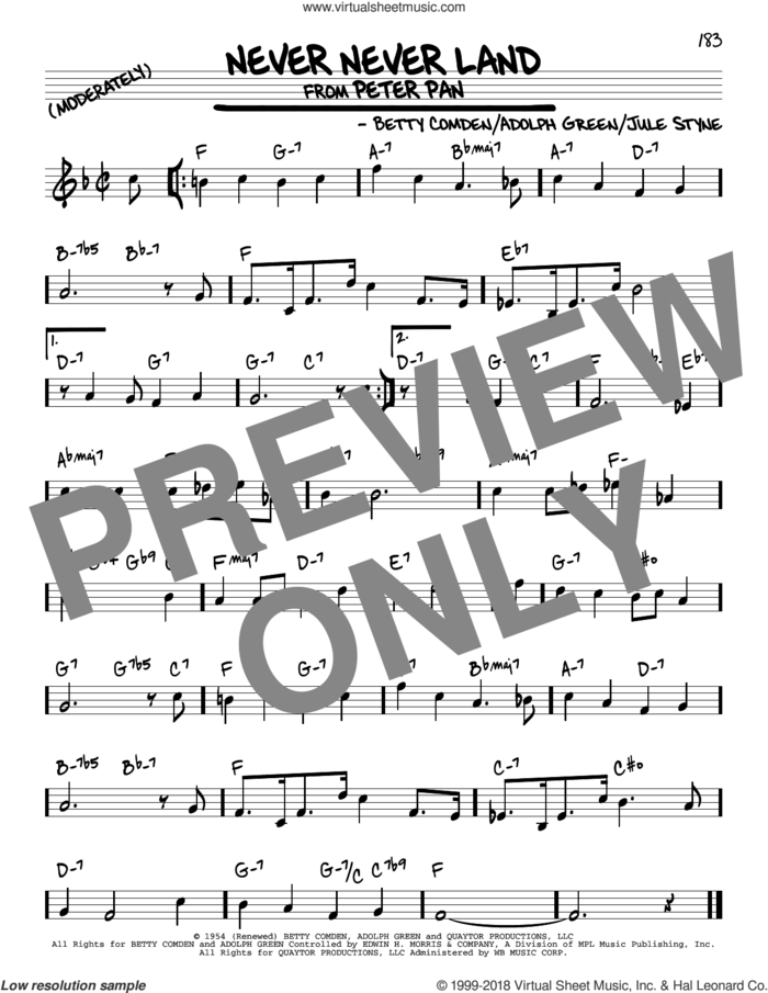Never Never Land sheet music for voice and other instruments (real book) by Jule Styne, Adolph Green and Betty Comden, intermediate skill level