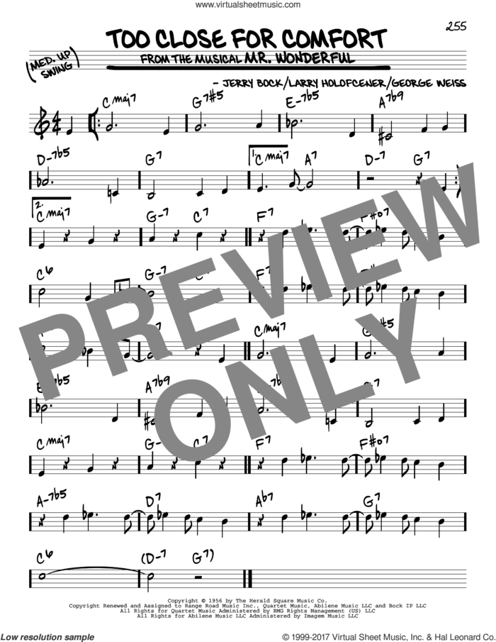 Too Close For Comfort sheet music for voice and other instruments (real book) by Jerry Bock, George David Weiss and Larry Holofcener, intermediate skill level