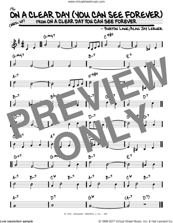On A Clear Day (You Can See Forever) sheet music for voice and other instruments (real book) by Burton Lane and Alan Jay Lerner, intermediate skill level