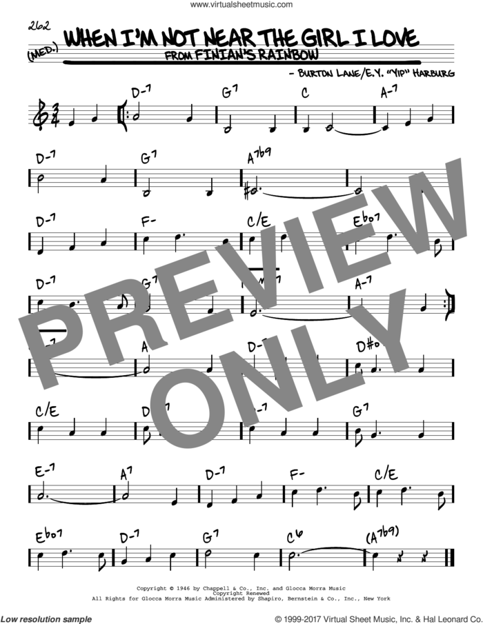 When I'm Not Near The Girl I Love sheet music for voice and other instruments (real book) by E.Y. Harburg and Burton Lane, intermediate skill level