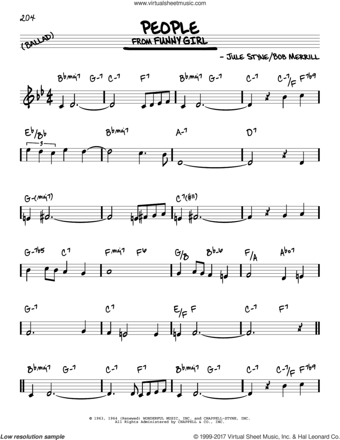 People sheet music for voice and other instruments (real book) by Jule Styne, Barbra Streisand and Bob Merrill, intermediate skill level