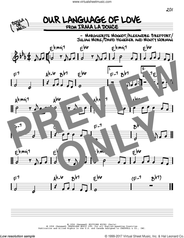 Our Language Of Love sheet music for voice and other instruments (real book) by Monty Norman, Alexandre Breffort, David Heneker, Julian More and Marguerite Monnot, intermediate skill level