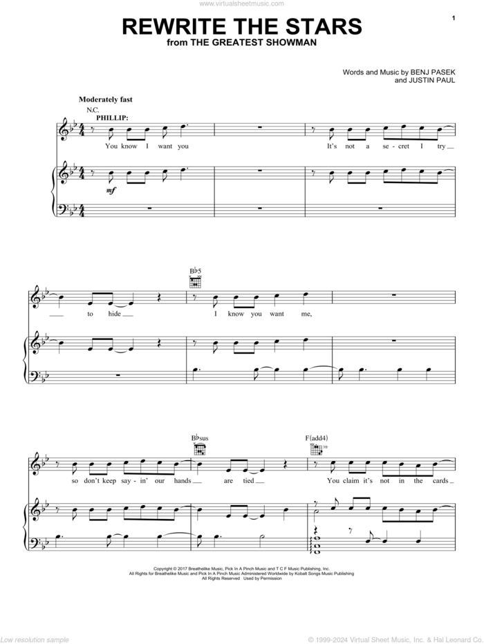 Rewrite The Stars (from The Greatest Showman) sheet music for voice, piano or guitar by Pasek & Paul, Benj Pasek and Justin Paul, intermediate skill level