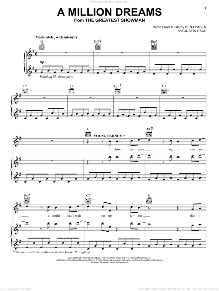 A Million Dreams (From The Greatest Showman) sheet music for voice, piano or guitar by Pasek & Paul, Benj Pasek and Justin Paul, intermediate skill level