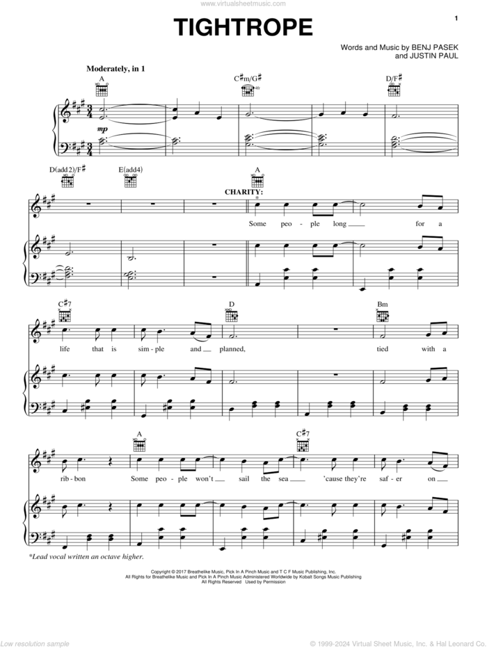 Tightrope (from The Greatest Showman) sheet music for voice, piano or guitar by Pasek & Paul, Benj Pasek and Justin Paul, intermediate skill level