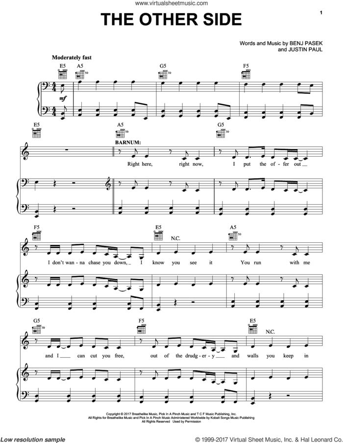 The Other Side sheet music for voice, piano or guitar by Pasek & Paul, Benj Pasek and Justin Paul, intermediate skill level