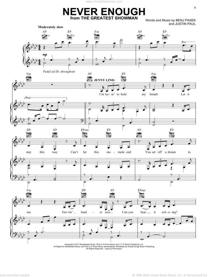 Never Enough (from The Greatest Showman) sheet music for voice, piano or guitar by Pasek & Paul, Benj Pasek and Justin Paul, intermediate skill level