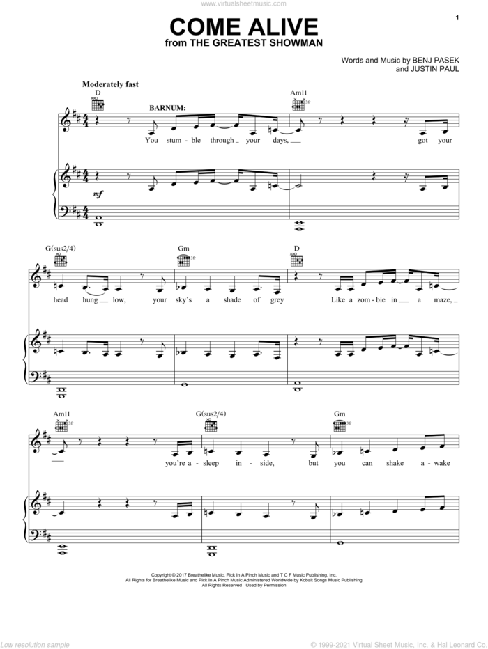 Come Alive (from The Greatest Showman) sheet music for voice, piano or guitar by Pasek & Paul, Benj Pasek and Justin Paul, intermediate skill level