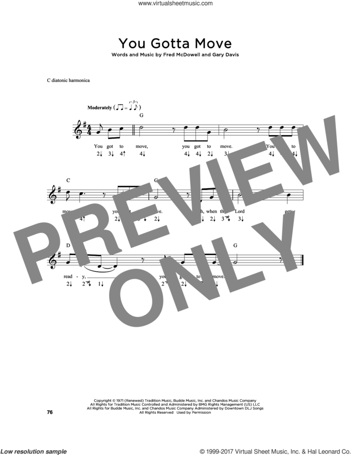 You Gotta Move sheet music for harmonica solo by Fred McDowell and Gary Davis, intermediate skill level