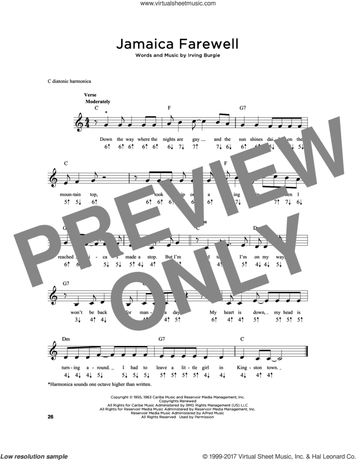 Jamaica Farewell sheet music for harmonica solo by Harry Belafonte and Irving Burgie, intermediate skill level