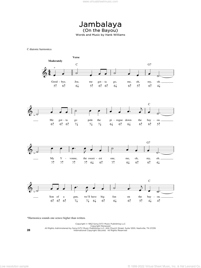 Jambalaya (On The Bayou) sheet music for harmonica solo by Hank Williams, intermediate skill level