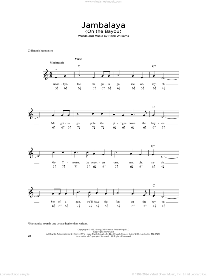 Jambalaya (On The Bayou) sheet music for harmonica solo by Hank Williams, intermediate skill level