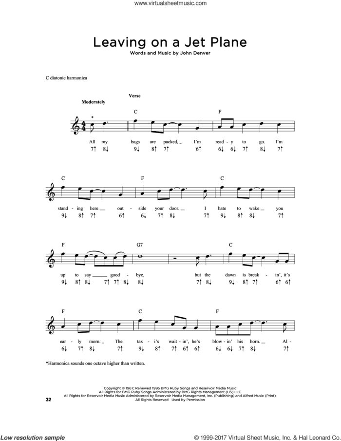 Leaving On A Jet Plane sheet music for harmonica solo by John Denver and Peter, Paul & Mary, intermediate skill level