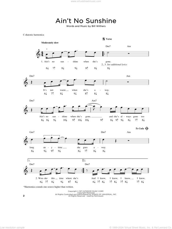 Ain't No Sunshine sheet music for harmonica solo by Bill Withers, intermediate skill level