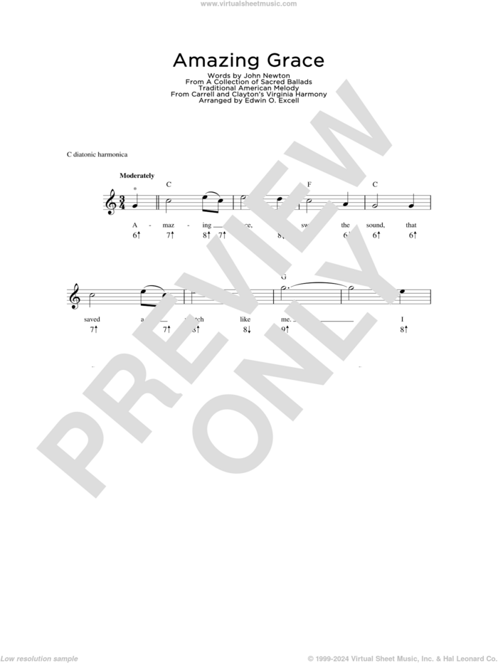Amazing Grace sheet music for harmonica solo by John Newton, Miscellaneous and Edwin O. Excell, wedding score, intermediate skill level