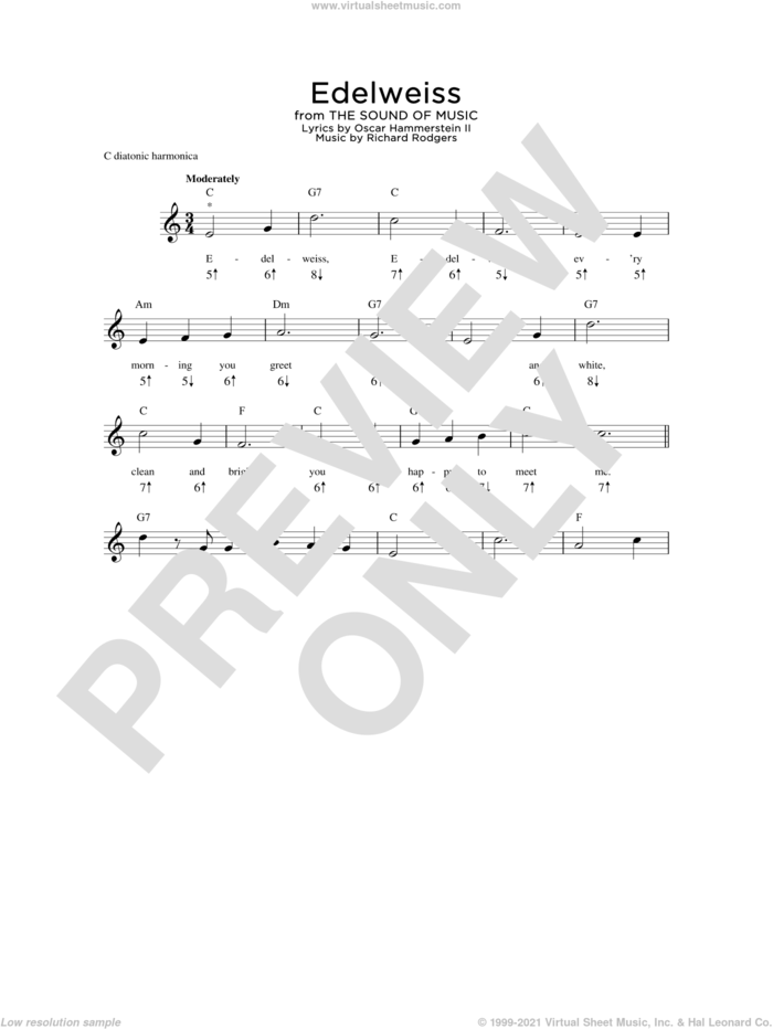 Edelweiss sheet music for harmonica solo by Rodgers & Hammerstein, Oscar II Hammerstein and Richard Rodgers, intermediate skill level