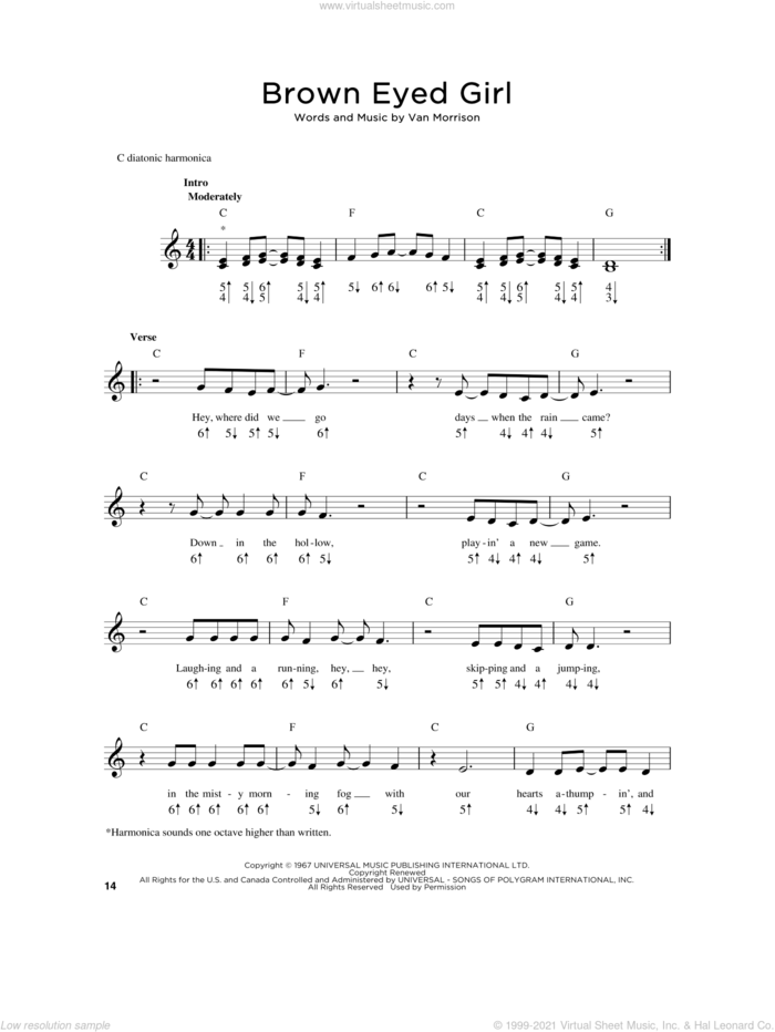 Brown Eyed Girl sheet music for harmonica solo by Van Morrison, intermediate skill level