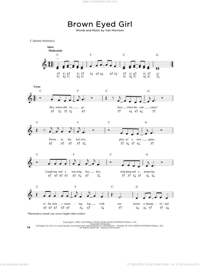 Brown Eyed Girl sheet music for harmonica solo by Van Morrison, intermediate skill level