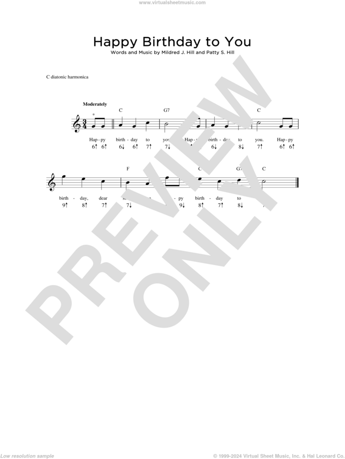 Happy Birthday To You sheet music for harmonica solo by Patty Smith Hill and Mildred J. Hill, intermediate skill level