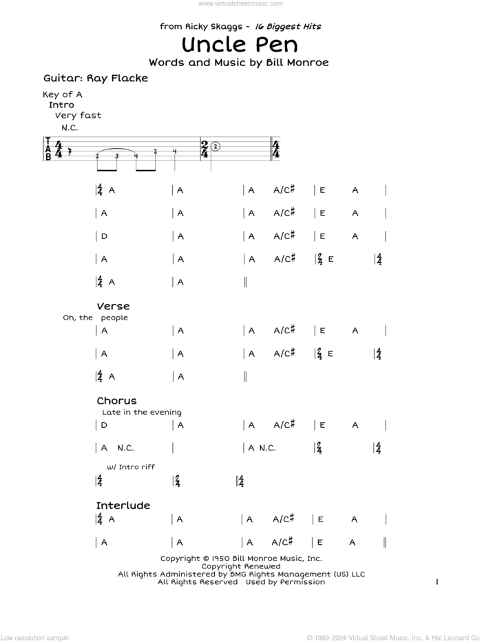 Uncle Pen sheet music for guitar solo (lead sheet) by Ricky Skaggs and Bill Monroe, intermediate guitar (lead sheet)