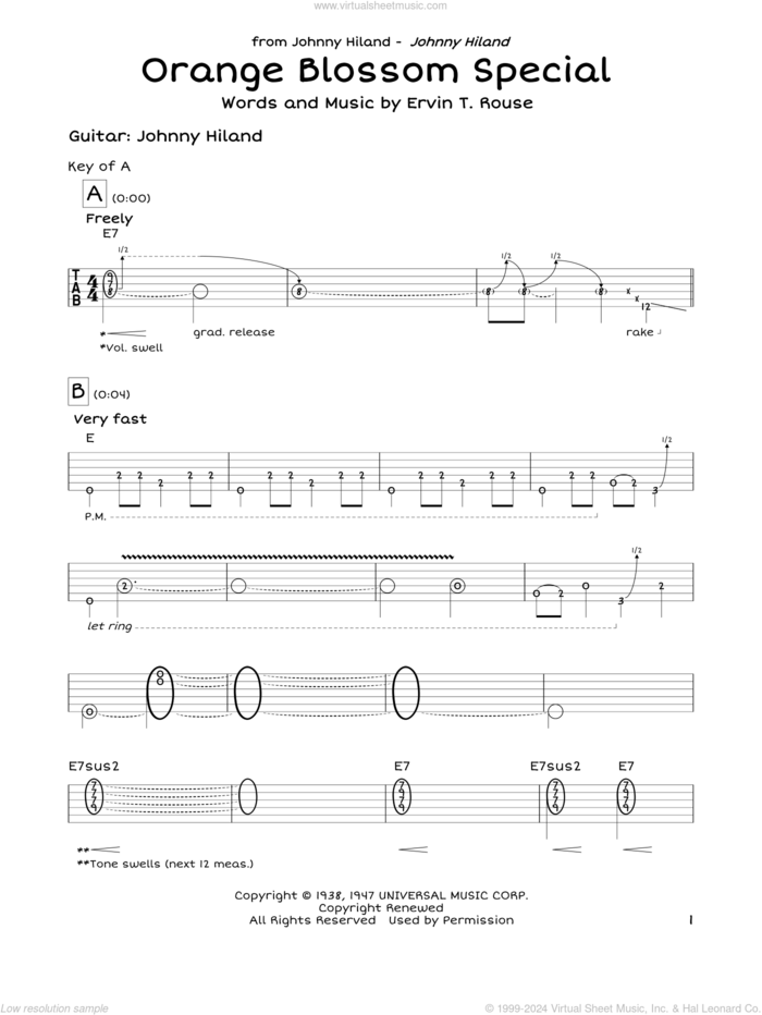 Orange Blossom Special sheet music for guitar solo (lead sheet) by Johnny Hiland, Johnny Cash and Ervin T. Rouse, intermediate guitar (lead sheet)