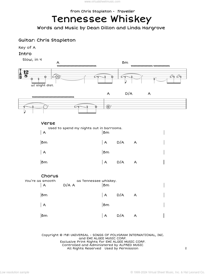 Tennessee Whiskey sheet music for guitar solo (lead sheet) by George Jones, Chris Stapleton, Dean Dillon and Linda Hargrove, intermediate guitar (lead sheet)