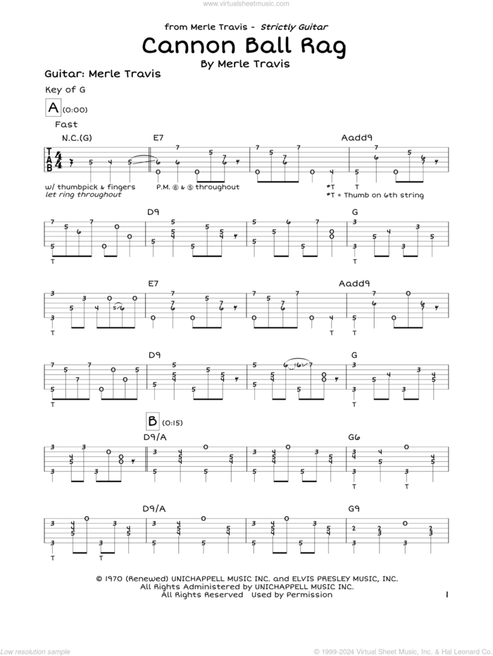 Cannon Ball Rag sheet music for guitar solo (lead sheet) by Merle Travis, intermediate guitar (lead sheet)