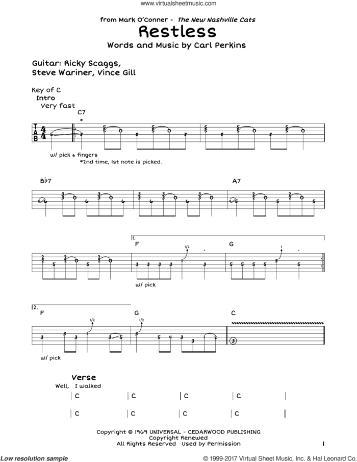 Restless sheet music for guitar solo (lead sheet) by Carl Perkins, intermediate guitar (lead sheet)