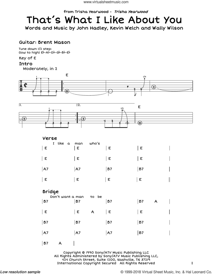 That's What I Like About You sheet music for guitar solo (lead sheet) by Trisha Yearwood, John Hadley, Kevin Welch and Wally Wilson, intermediate guitar (lead sheet)