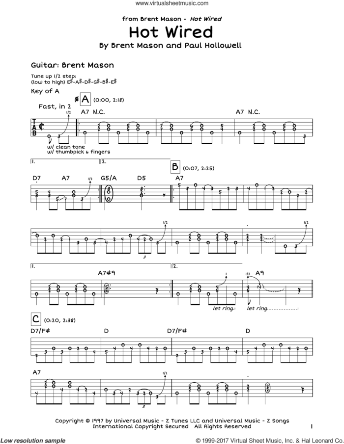 Hot Wired sheet music for guitar solo (lead sheet) by Brent Mason and Paul Hollowell, intermediate guitar (lead sheet)