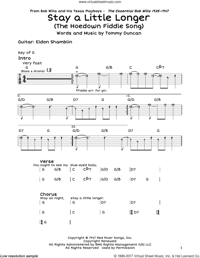 Stay A Little Longer (The Hoedown Fiddle Song) sheet music for guitar solo (lead sheet) by Bob Wills and Tommy Duncan, intermediate guitar (lead sheet)