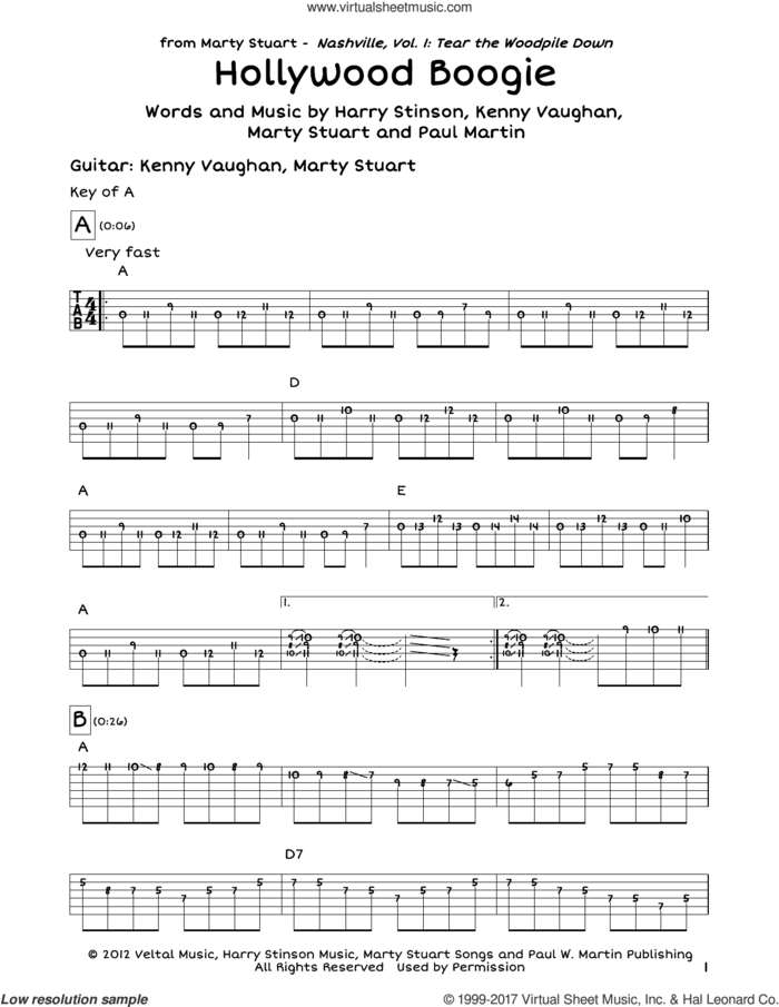 Hollywood Boogie sheet music for guitar solo (lead sheet) by Paul Martin, Harry Stinson, Kenny Vaughan and Marty Stuart, intermediate guitar (lead sheet)