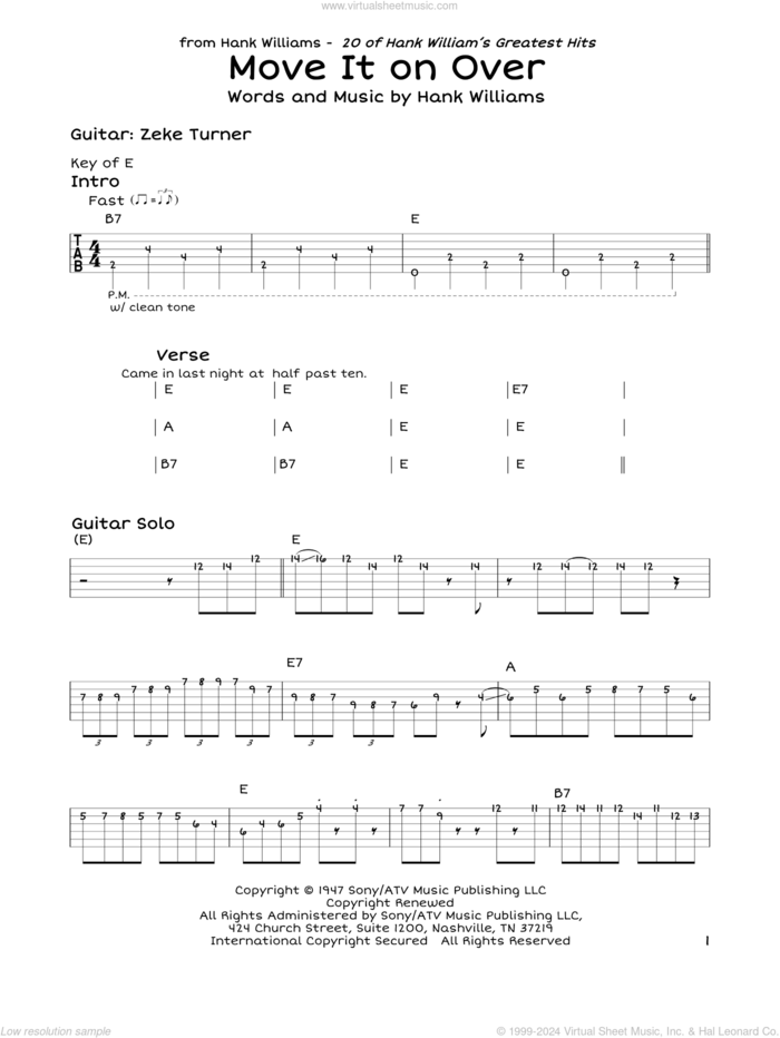 Move It On Over sheet music for guitar solo (lead sheet) by Hank Williams, intermediate guitar (lead sheet)