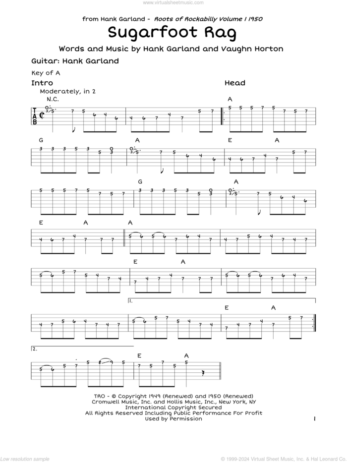 Sugarfoot Rag sheet music for guitar solo (lead sheet) by Red Foley, Hank Garland and Vaughn Horton, intermediate guitar (lead sheet)