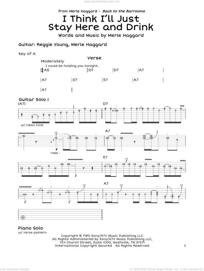 I Think I'll Just Stay Here And Drink sheet music for guitar solo (lead sheet) by Merle Haggard, intermediate guitar (lead sheet)