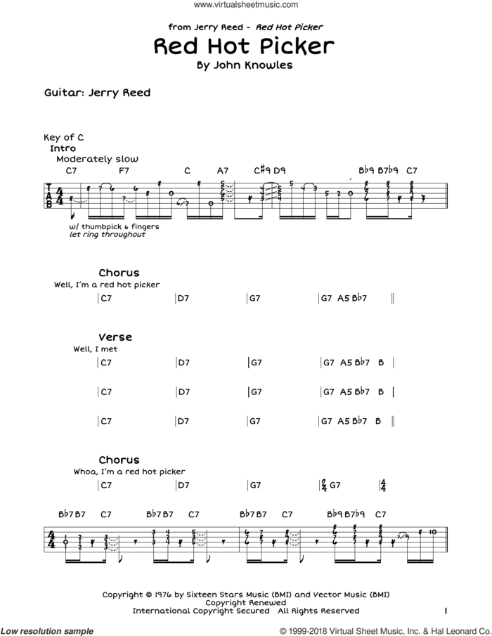 Red Hot Picker sheet music for guitar solo (lead sheet) by Jerry Reed and John Knowles, intermediate guitar (lead sheet)