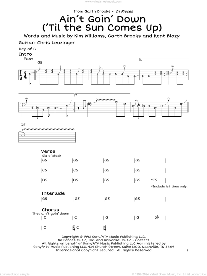 Ain't Goin' Down ('Til The Sun Comes Up) sheet music for guitar solo (lead sheet) by Garth Brooks, Kent Blazy and Kim Williams, intermediate guitar (lead sheet)