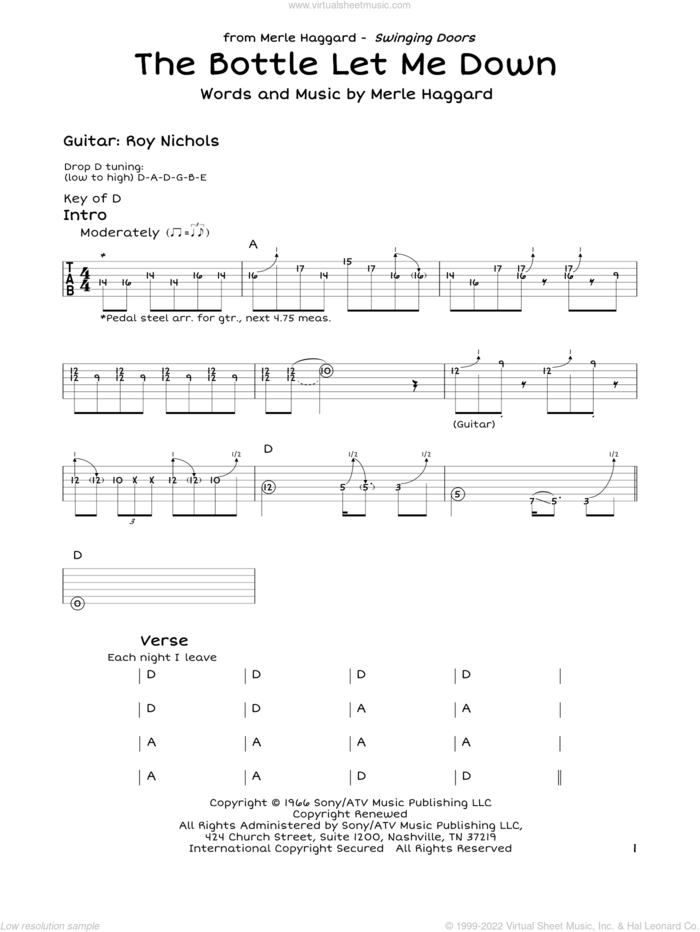 The Bottle Let Me Down sheet music for guitar solo (lead sheet) by Merle Haggard, intermediate guitar (lead sheet)
