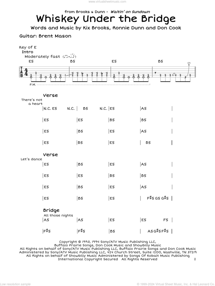 Whiskey Under The Bridge sheet music for guitar solo (lead sheet) by Brooks & Dunn, Don Cook, Kix Brooks and Ronnie Dunn, intermediate guitar (lead sheet)