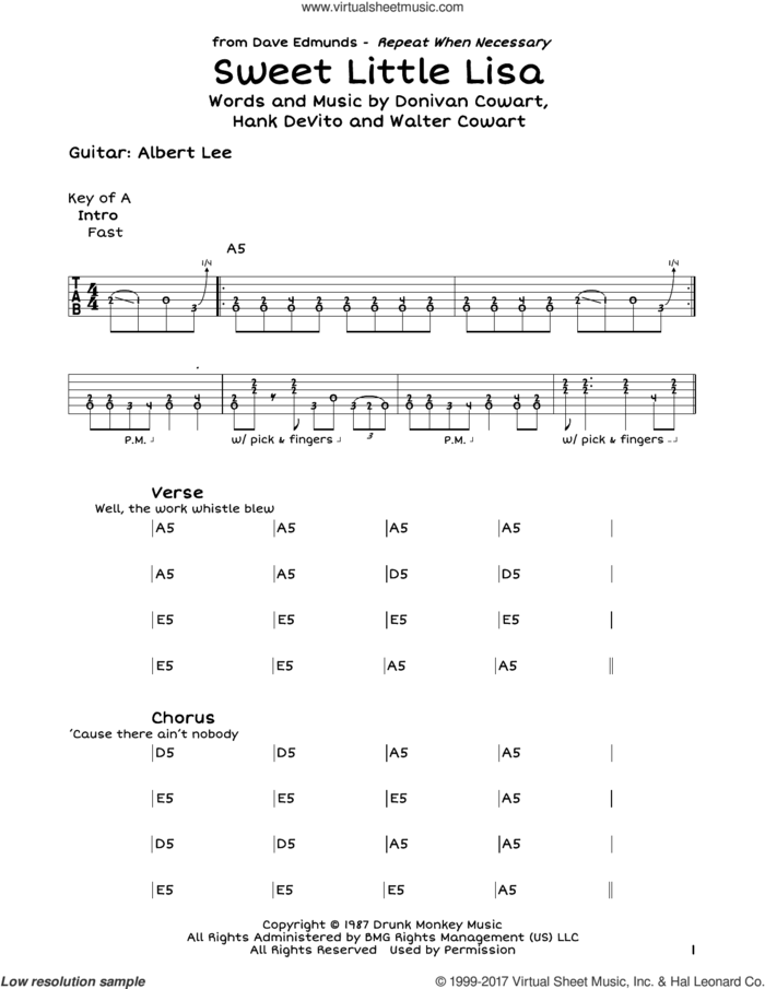 Sweet Little Lisa sheet music for guitar solo (lead sheet) by Dave Edmunds, Donivan Cowart, Hank DeVito and Walter Cowart, intermediate guitar (lead sheet)