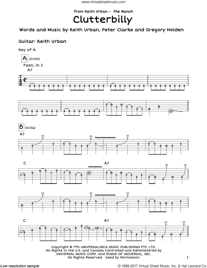 Clutterbilly sheet music for guitar solo (lead sheet) by Keith Urban, Gregory Holden and Peter Clarke, intermediate guitar (lead sheet)