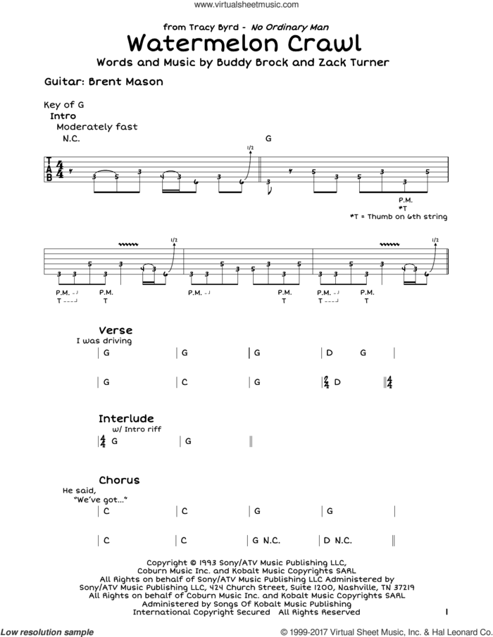 Watermelon Crawl sheet music for guitar solo (lead sheet) by Tracy Byrd, Buddy Brock and Zack Turner, intermediate guitar (lead sheet)