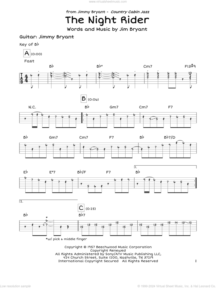 The Night Rider sheet music for guitar solo (lead sheet) by Jimmy Bryant With Speedy West and Jim Bryant, intermediate guitar (lead sheet)